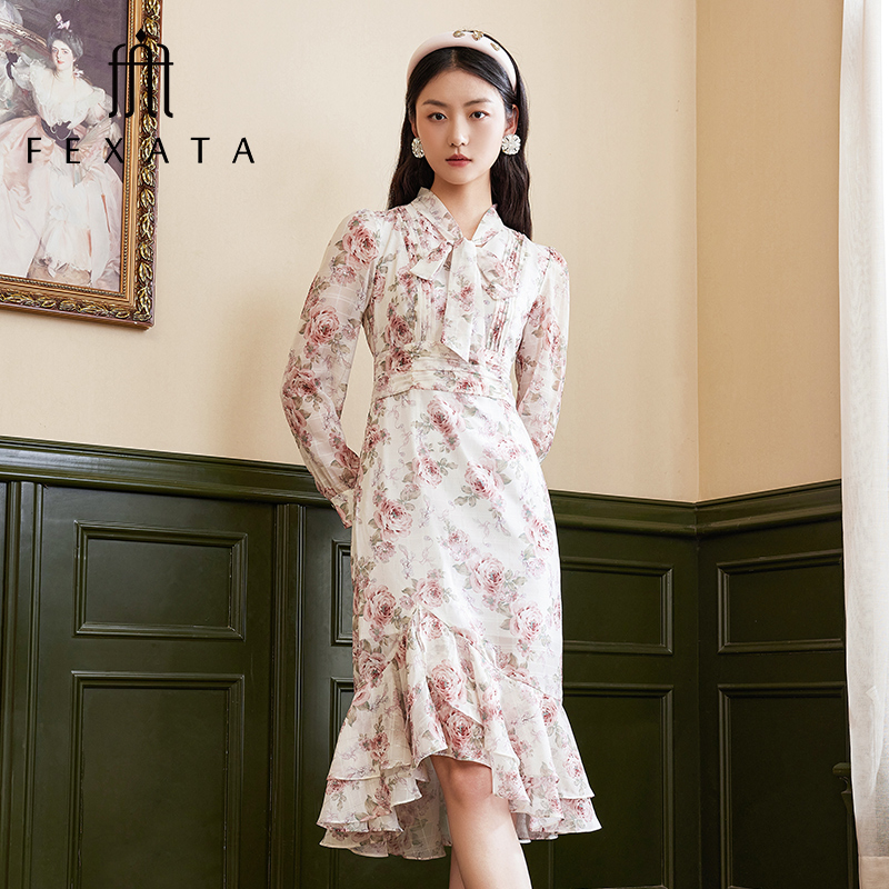 【黄蓉推荐】FEXATA斐格思连衣裙复古印花鱼尾裙浪漫玫瑰裙子