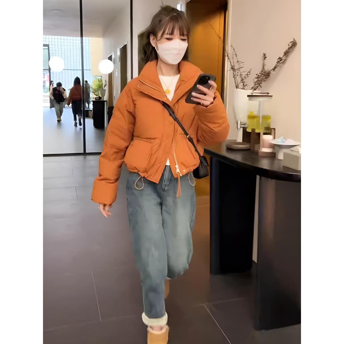 小个子立领短款橘色羽绒棉服女秋冬新款高级感加厚面包服棉衣外套