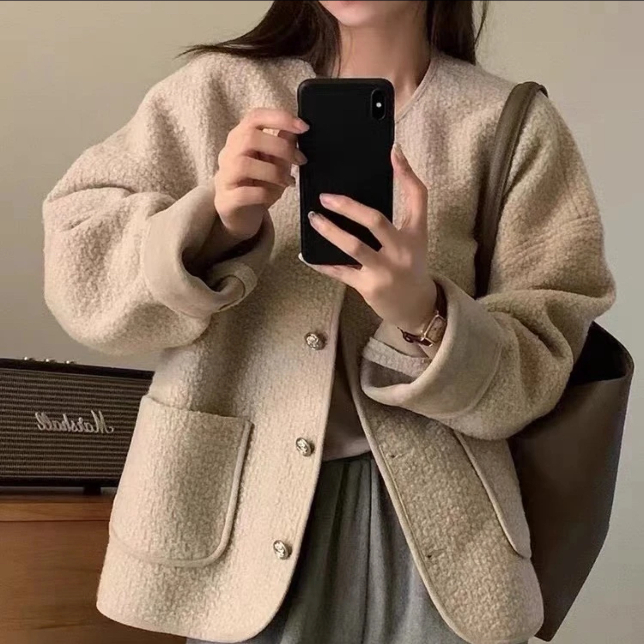 2024秋冬新款小香风毛呢外套女时尚气质复古圆领单排扣上衣韩版