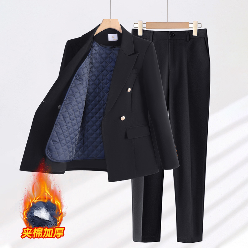 夹棉黑色西装外套女秋冬2025新款酒店前台正装职业装高端西服套装