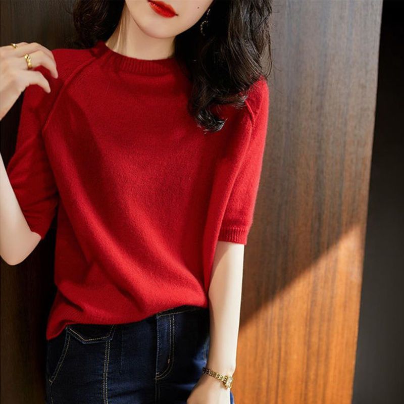 红色针织衫洋气减龄2022春夏新款薄款宽松短袖上衣气质T恤女短款