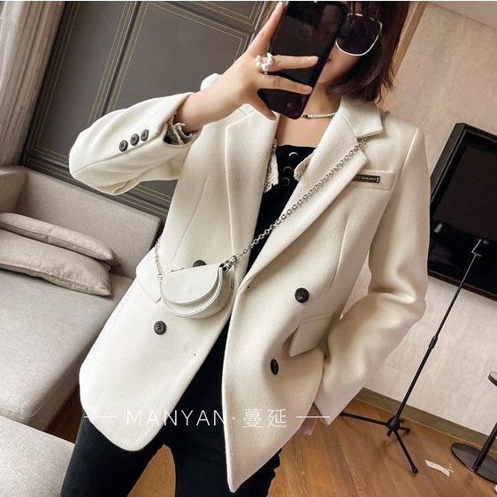 毛呢西装外套女2023年春秋季新款女装韩版显瘦通勤双排扣毛呢西服