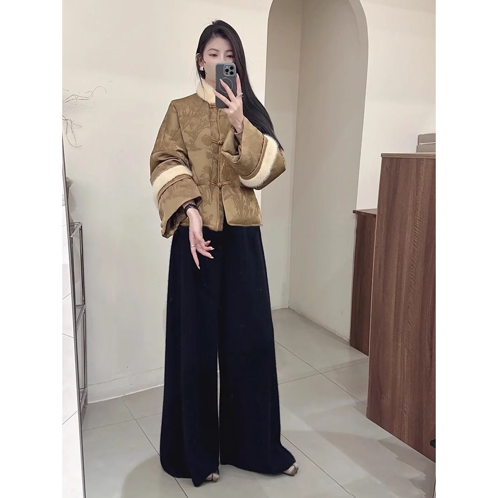 新中式时尚毛边拼接保暖外套女盘扣复古高级感气质加棉短款花棉袄