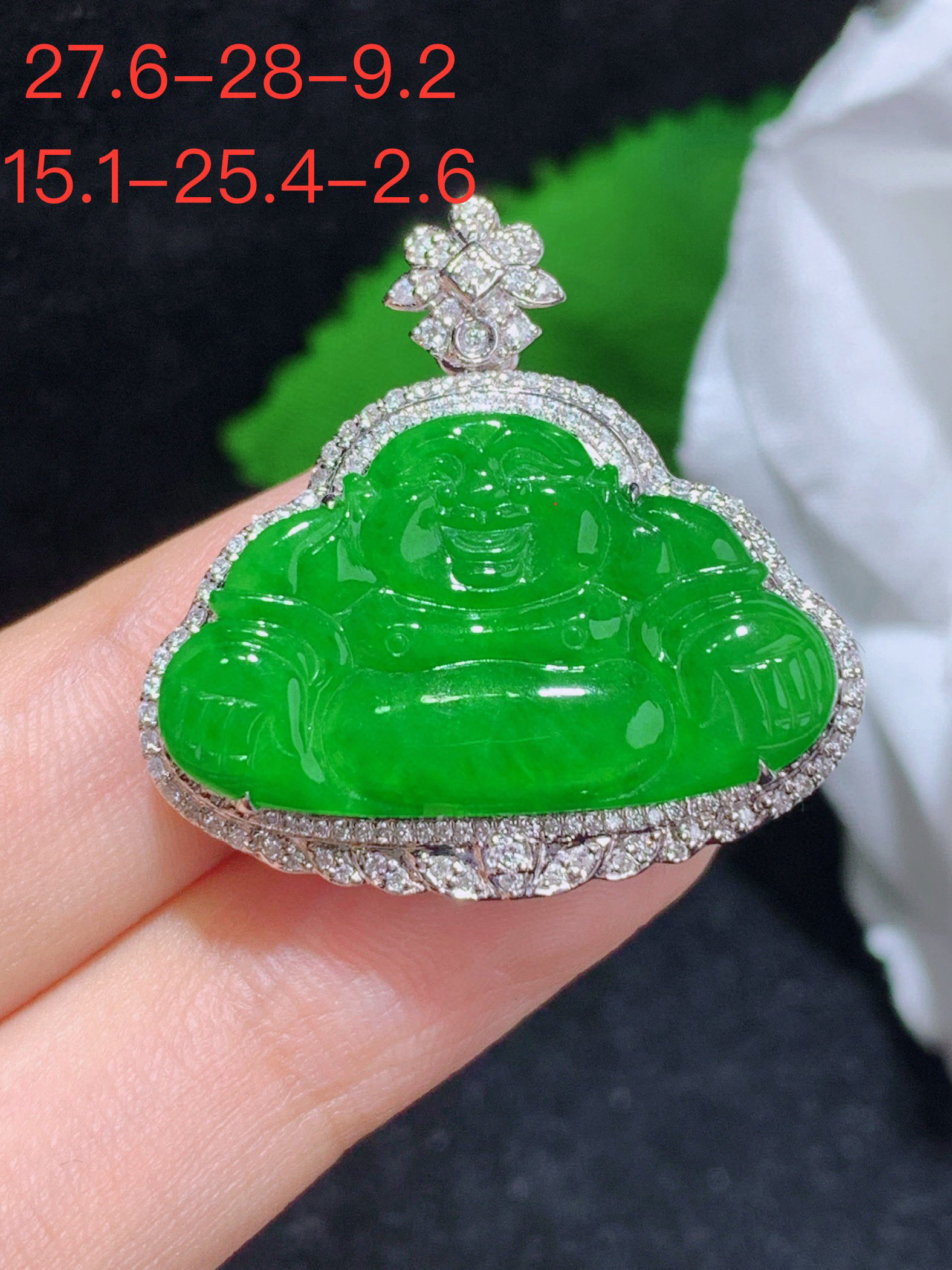 天然缅甸A货翡翠18k金南非真钻辣绿佛公吊坠