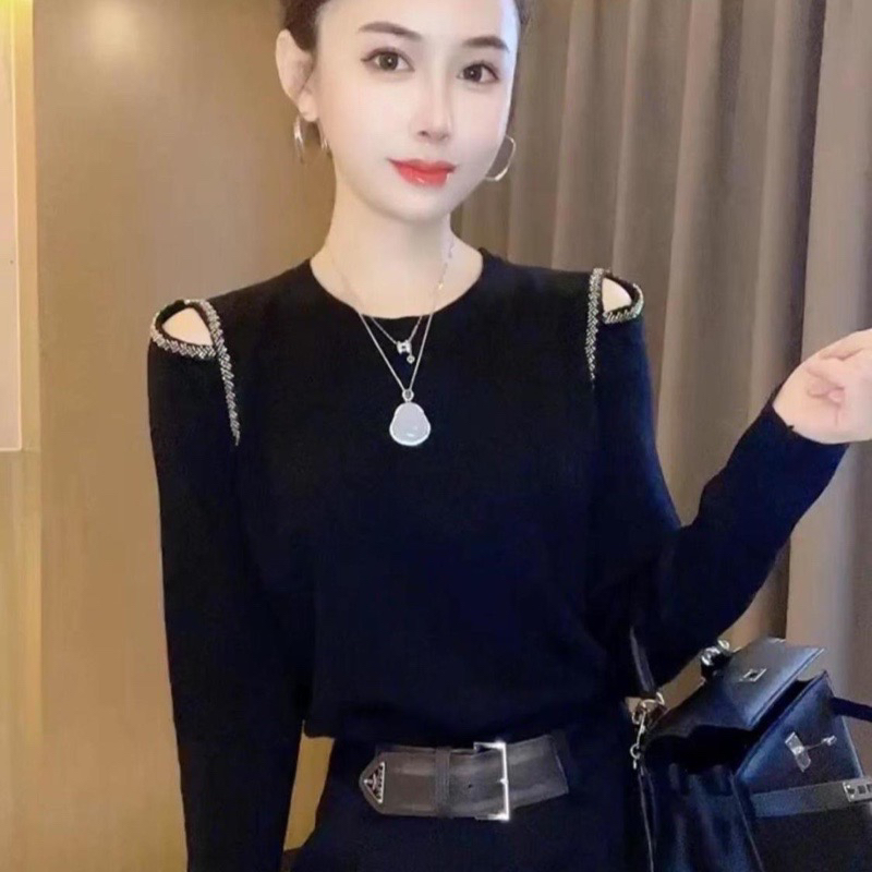 洋气长袖针织衫女秋冬2025新爆款时尚露肩显瘦慵懒风黑色百搭上衣