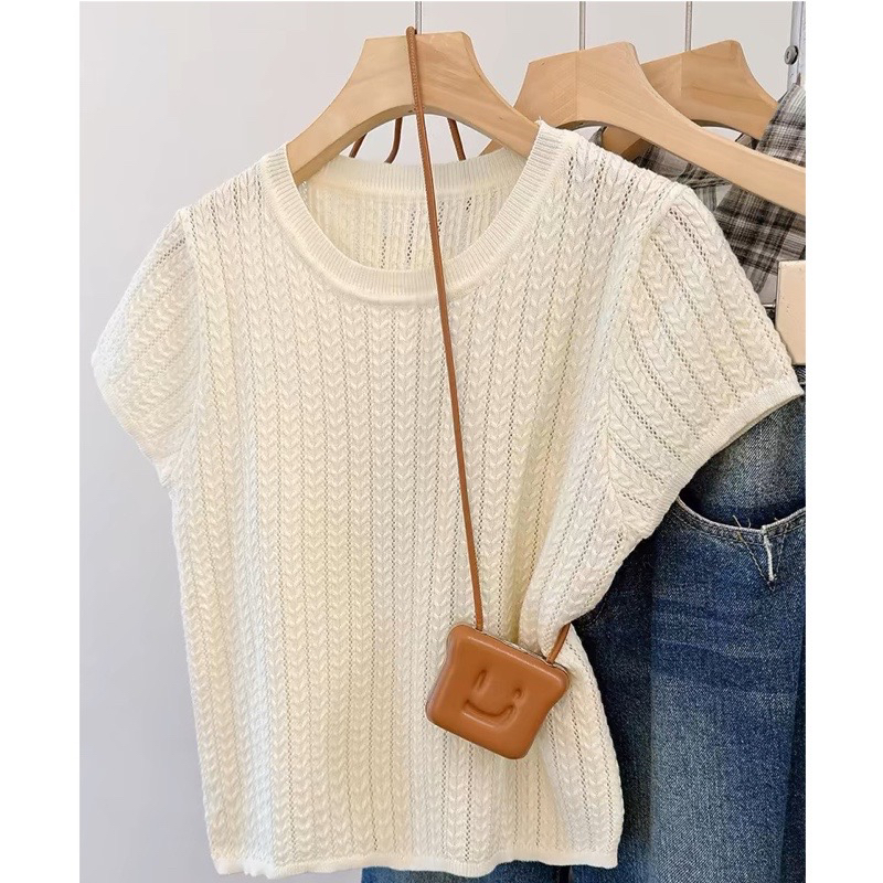 针织衫女短袖2025夏季新款圆领镂空轻薄短款打底设计感纯色上衣
