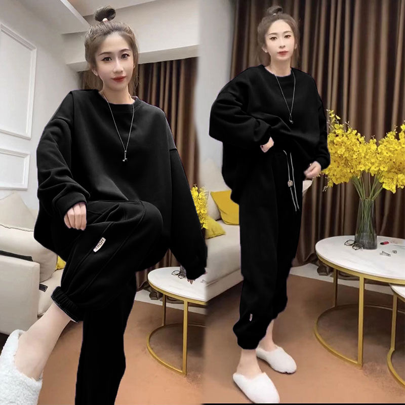 大码300斤胖mm秋冬季加绒新款宽松时尚套装女薄款休闲套装两件套