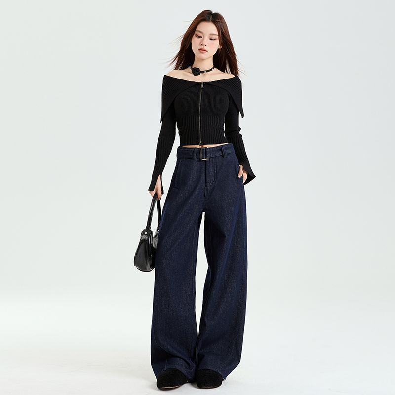 【清货】丹宁蓝阔腿牛仔裤女2025新款薄绒高腰宽松显瘦小个子拖地裤