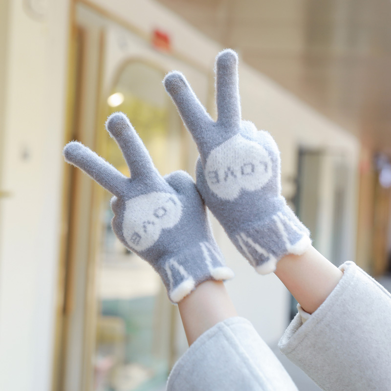 手套冬季女新款加厚保暖ins兔耳可爱学生骑车防寒毛线触屏手套女