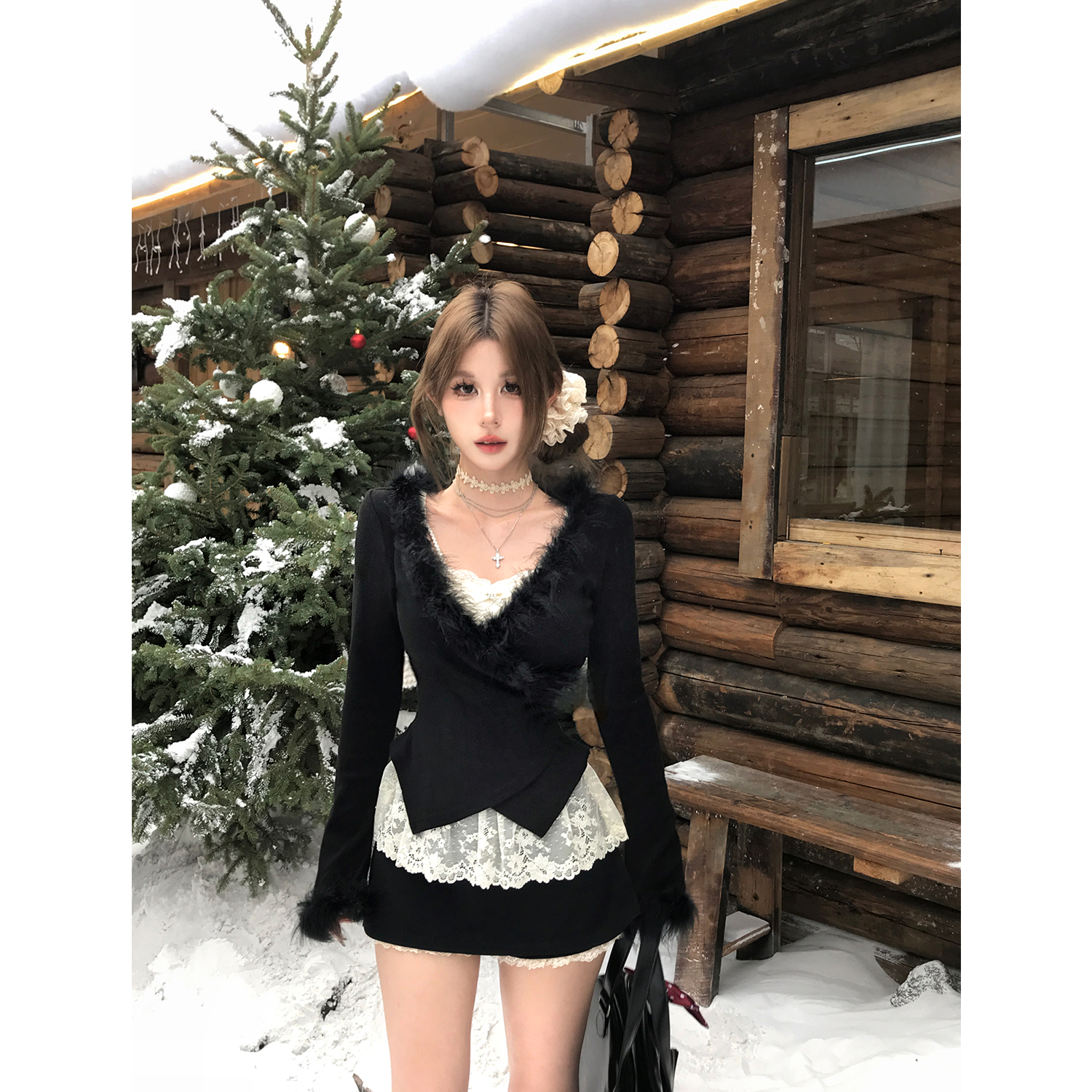 Mejiu蜜九【甜辣梦境】毛毛上衣百搭蕾丝内搭t恤显瘦收腰氛围裙子女