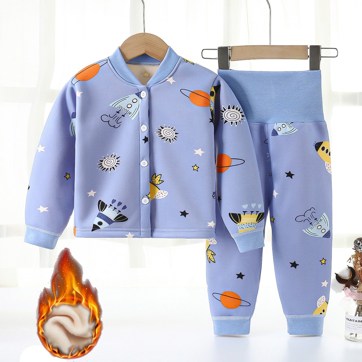 秋冬季宝宝小童开衫儿童保暖内衣套装加绒加厚保暖衣男宝女童小孩