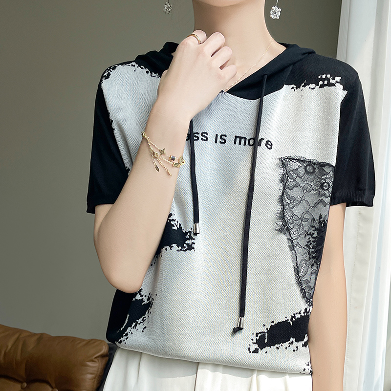 H/M夏季天丝针织短袖帽衫女拼色抽绳连帽半袖T恤宽松打底上衣