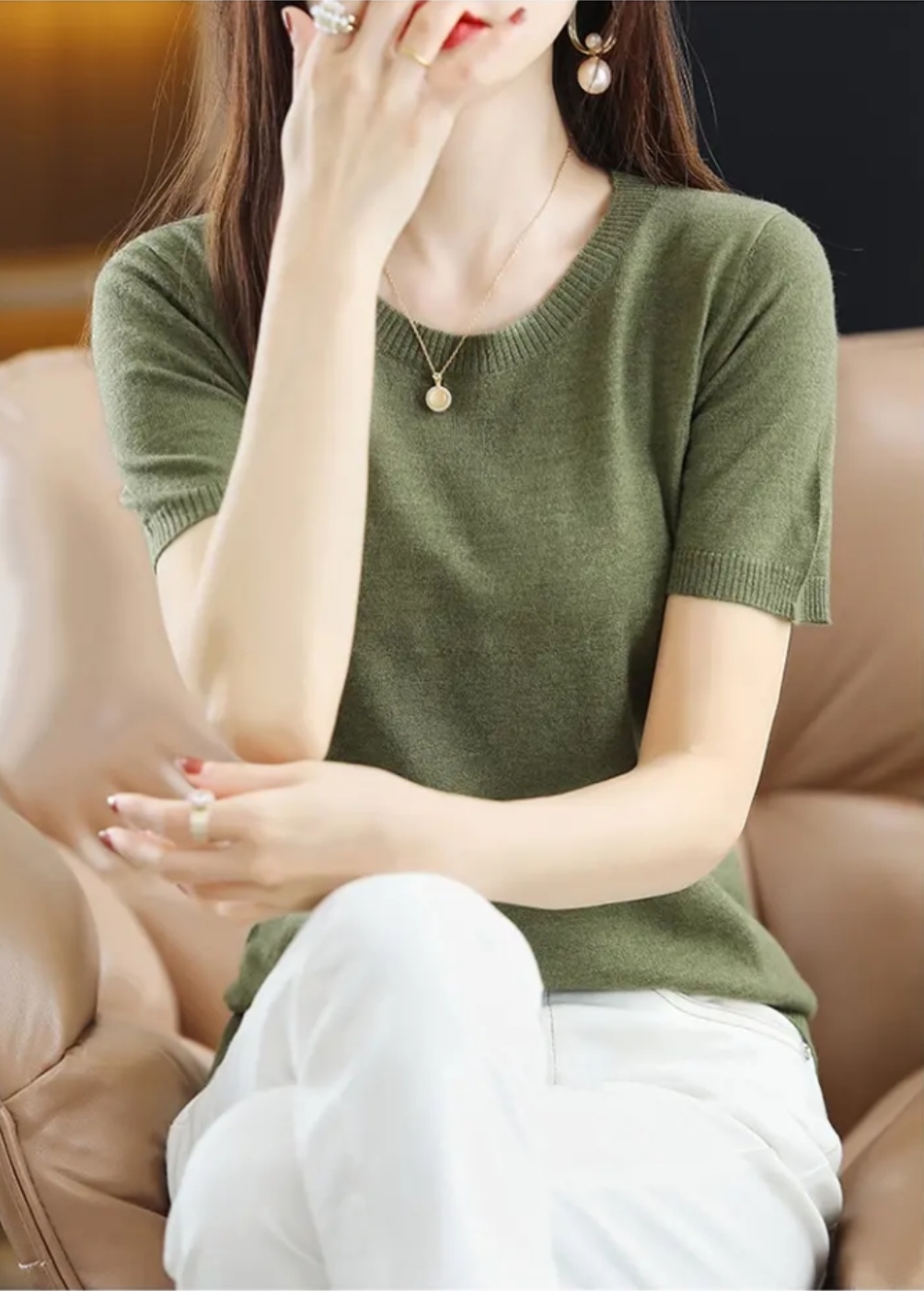 /低圆领精纺短袖套头针织打底衫显瘦宽松薄款夏季