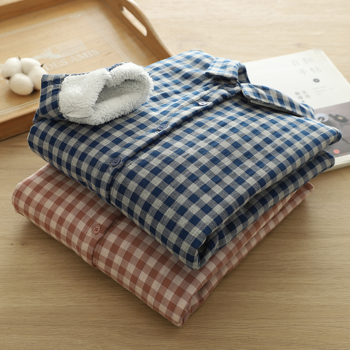 文艺小格子加绒加厚保暖衬衫女秋冬新款 复古百搭上衣