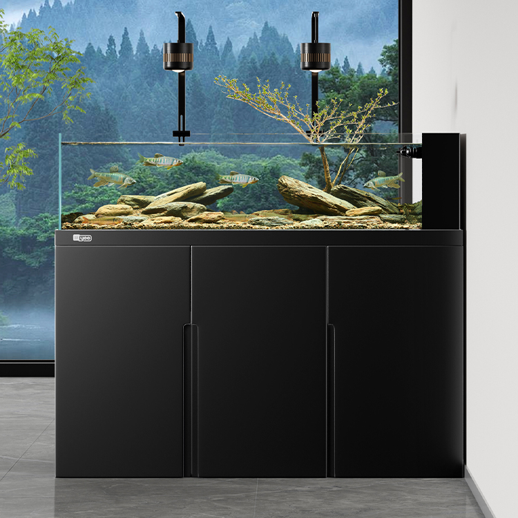 yee2024新款鱼缸客厅溪流缸金晶超白水切一体底滤静电喷粉无甲醛