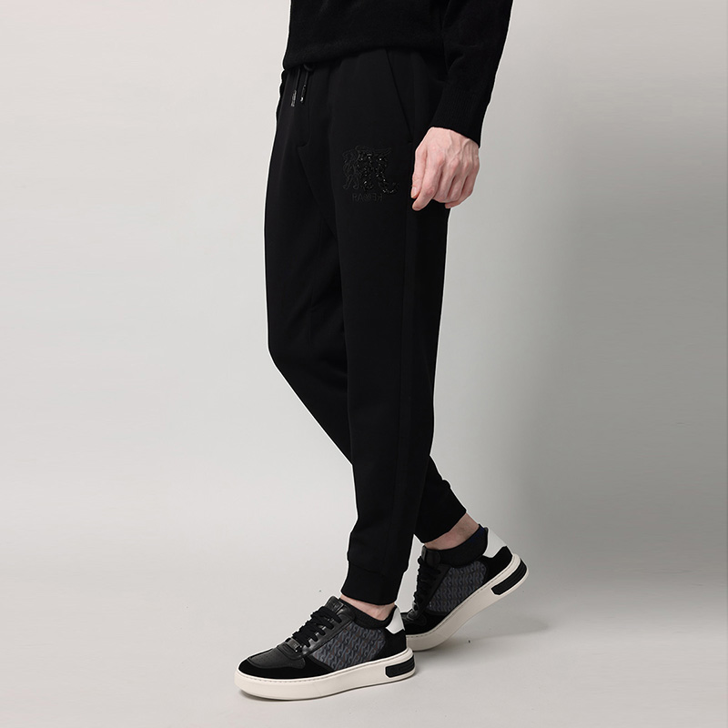 RARE威雅男装秋冬新款黑色厚款局部绣花串珠工艺休闲百搭针织裤