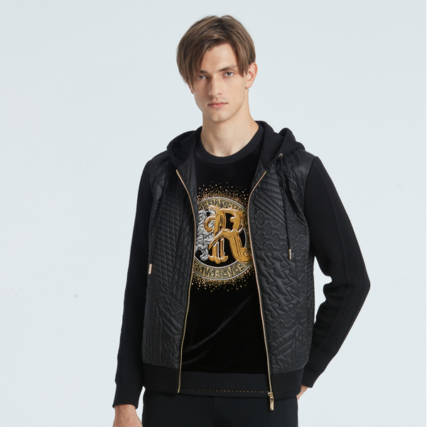 RARE威雅男装秋冬新款黑色拼接款不规则Logo图案连帽棉服外套