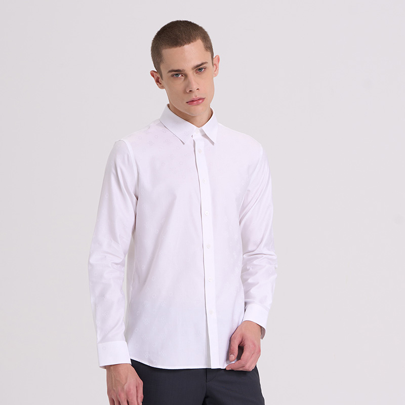 RARE威雅男装秋冬新款男士LOGO提花商务正装白色长袖衬衫