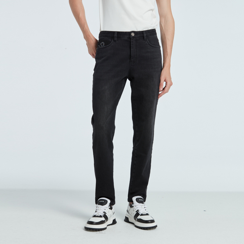 RARE威雅男裤新款深灰色后袋绣花撞钉直筒修身水洗牛仔裤