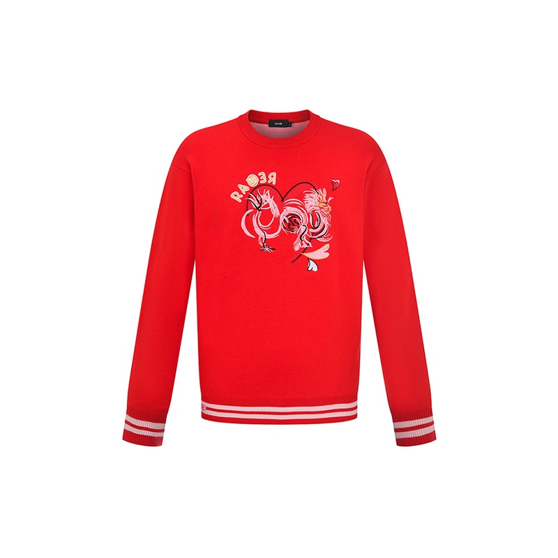 RARE威雅男装新款圆领前胸龙纹图腾刺绣红色情侣款长袖毛衫