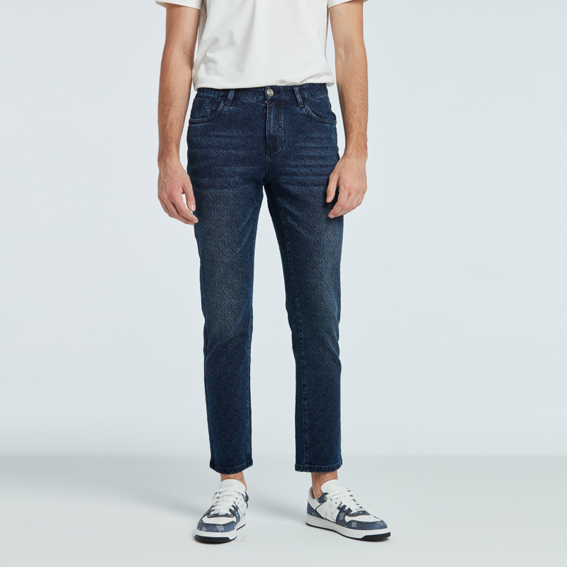 RARE威雅男裤秋冬新款蓝色满版提花洗水时尚直筒弹力牛仔裤