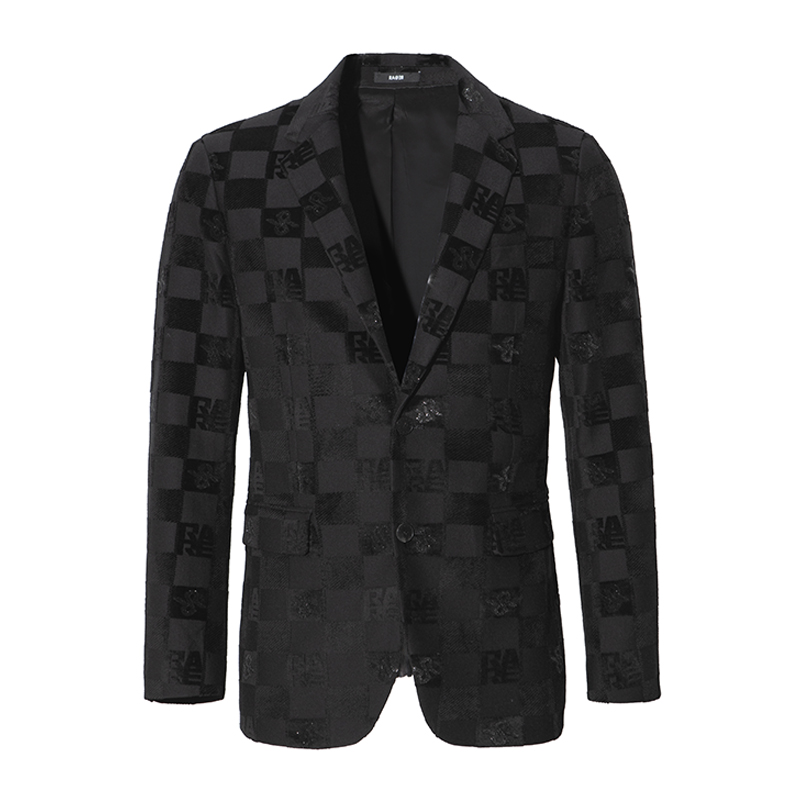 RARE意大利威雅 男装 秋冬款男黑色格纹双R提花休闲绅士西服外套