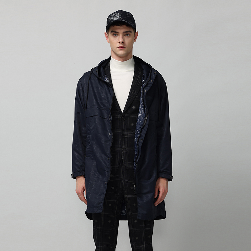 RARE威雅男装秋冬新款男士藏青色提花微落肩廓形中长款风衣