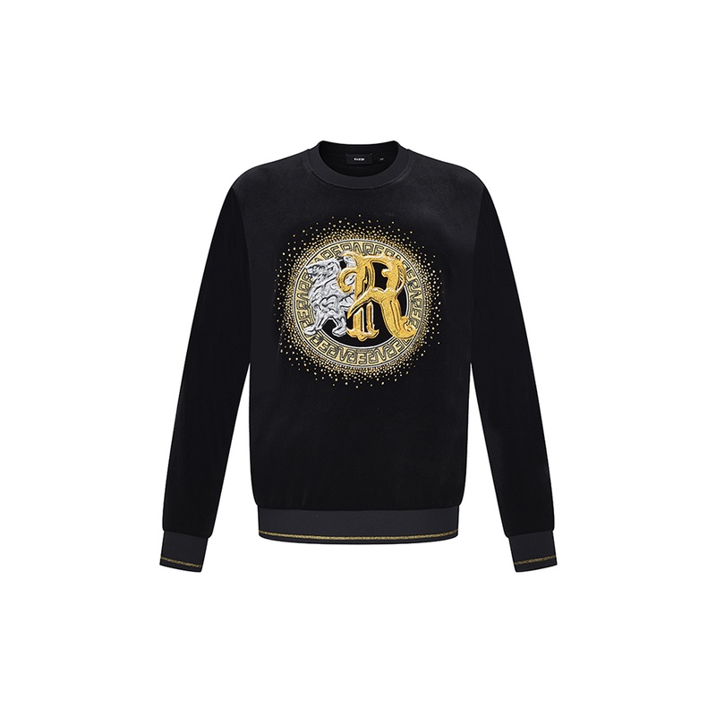 RARE威雅男装秋冬新款黑色飞狮结合Logo重工款经典丝绒圆领卫衣