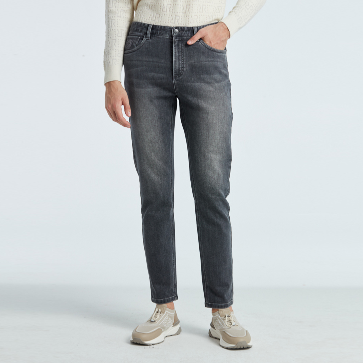 RARE威雅男装秋季经典修身款有弹力深灰色洗水男士牛仔裤