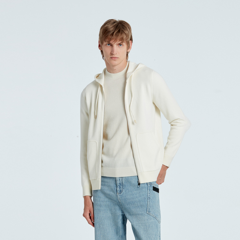 RARE威雅男装秋冬新款白色绵羊毛山羊绒保暖纯色连帽休闲毛开衫