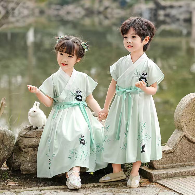 (熊猫宝贝）夏季薄款刺绣汉服唐装中国风男女童国学服古风姐弟装