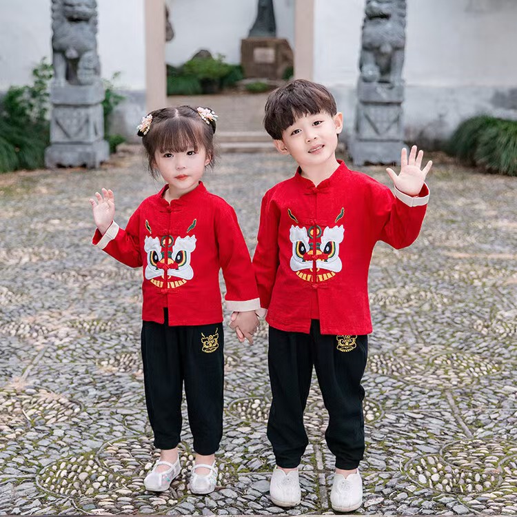 （卡通狮）2024春秋汉服男女童长袖红色唐装刺绣古风周岁服民族风