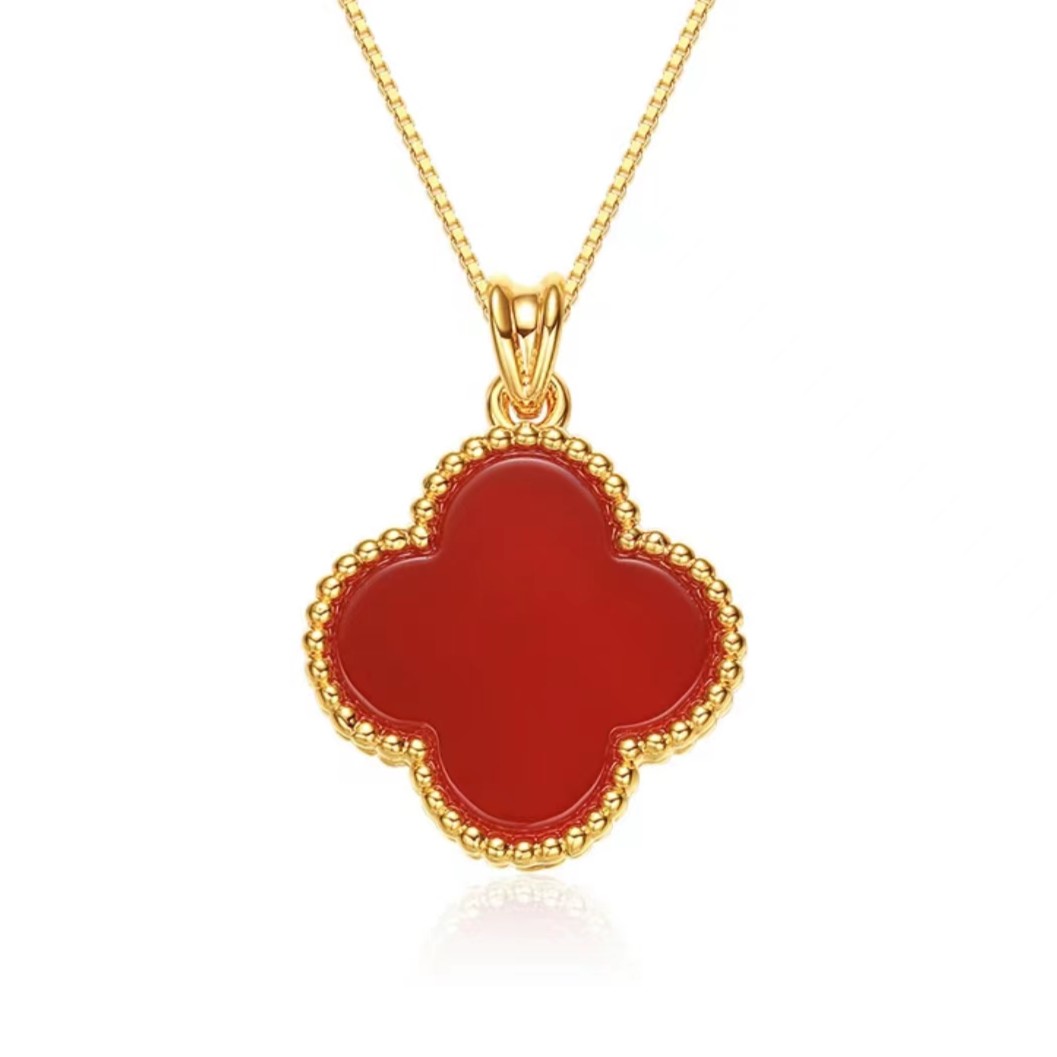 雅维【金月亮优选】匠心品质24K足金999红色四叶草玉髓吊坠