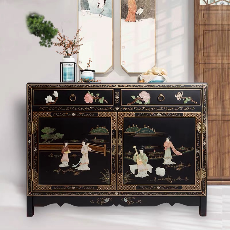 扬州漆器  骨石镶嵌人物直角酒吧柜黑底双门双抽家用客厅玄关门厅