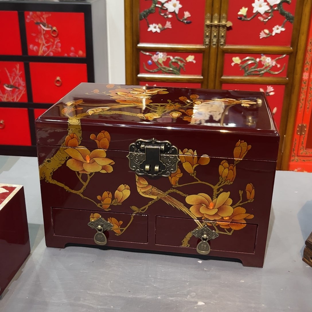 扬州漆器彩绘描金首饰盒加大