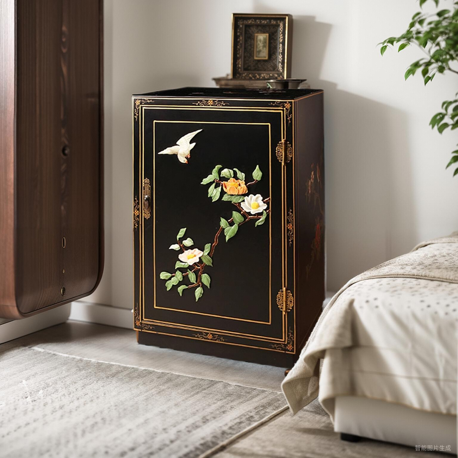 扬州漆器厂手工玉石镶嵌手绘床头柜沙发边柜
