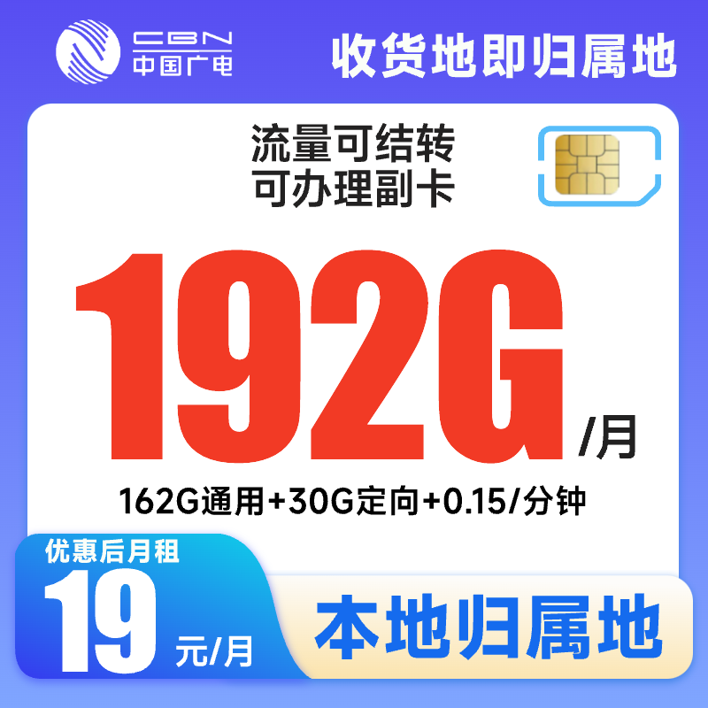 【本地归属】19月租192G广电福兔流量卡手机卡电话卡不限速全国通用