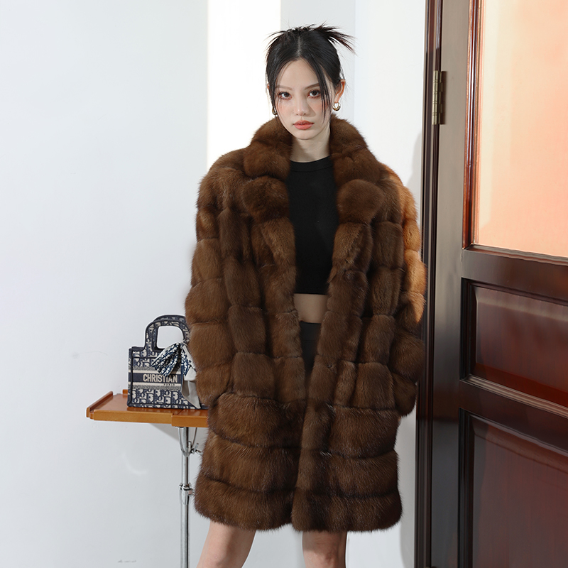进口俄罗斯貂满天星整紫水貂西装领貂皮大衣中长款皮草外套2025