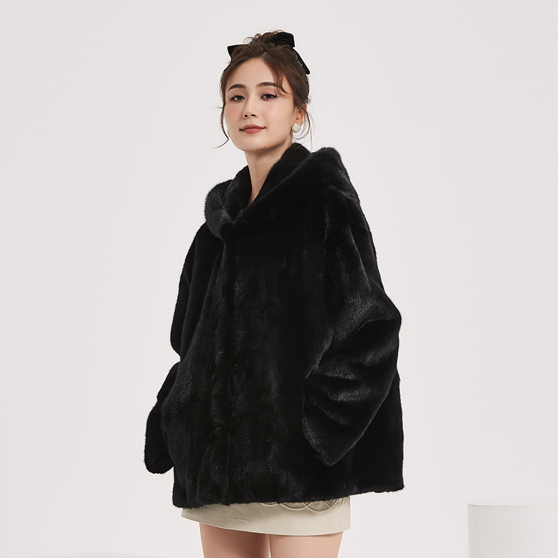 茉萱丹麦进口紫标天鹅绒大衣女时尚连帽短款 水 貂 外套保暖