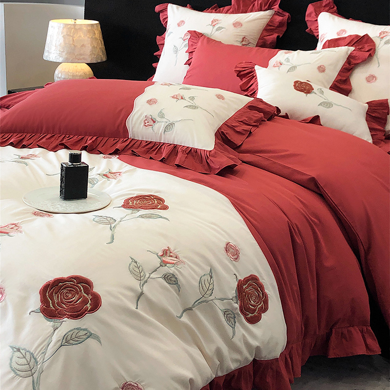 皇后娘娘大红色轻奢新婚庆四件套全棉水洗棉贴布绣花结婚被套轻奢