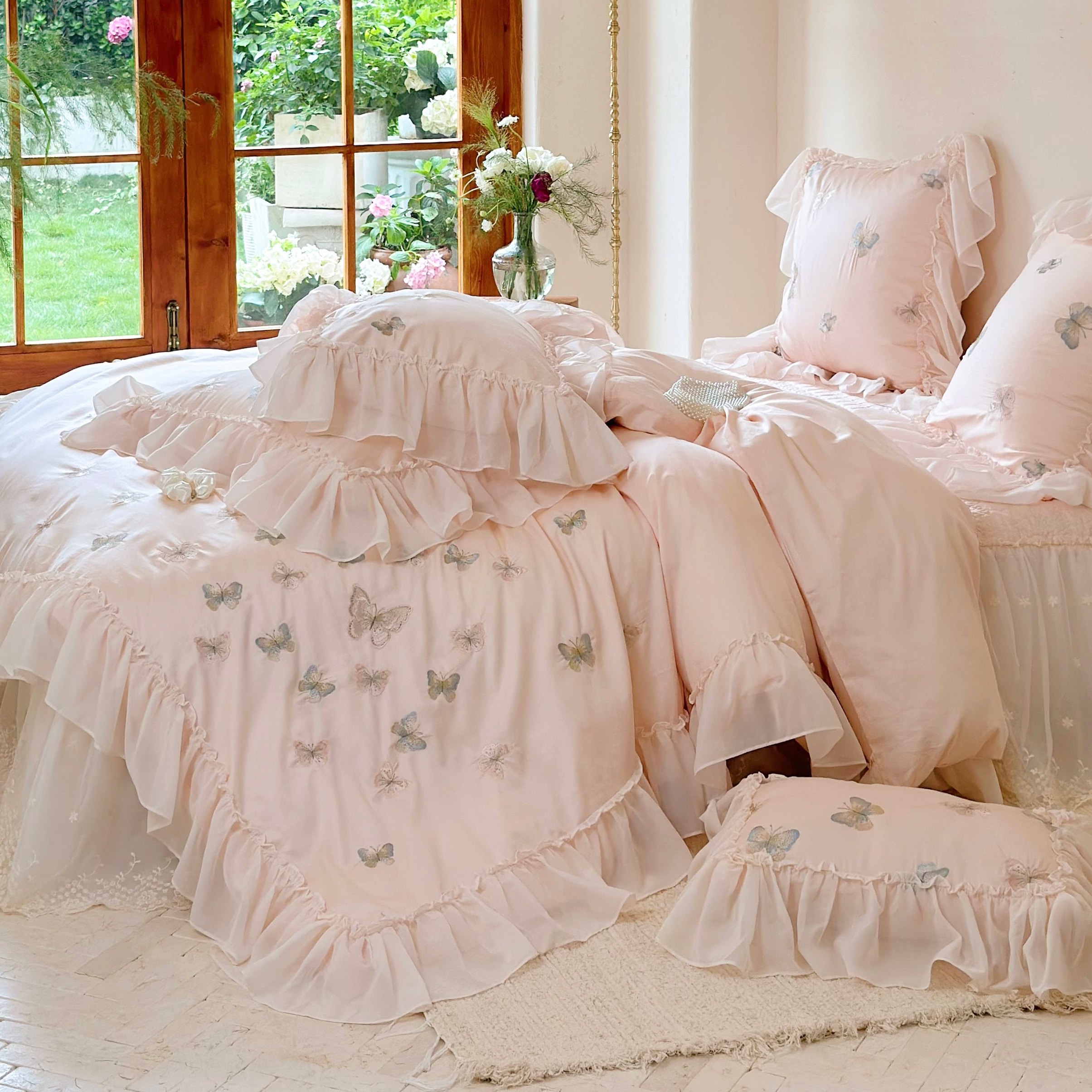 皇后娘娘 法式公主风纯棉匹马棉床裙四件套立体刺绣花边床上用品