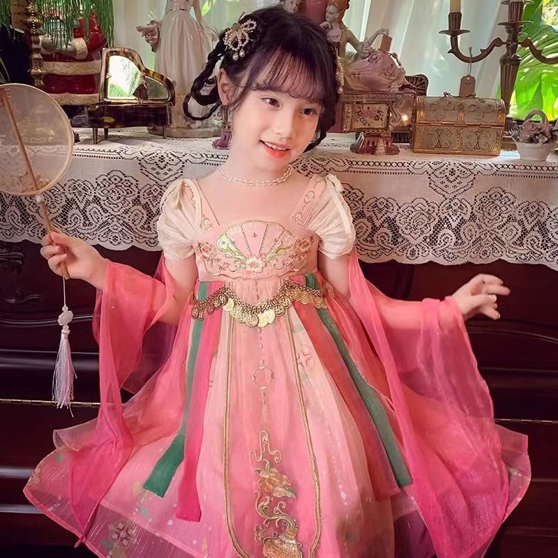 （花蝶扇）女童连衣裙2024新款古风儿童汉服超仙刺绣唐装