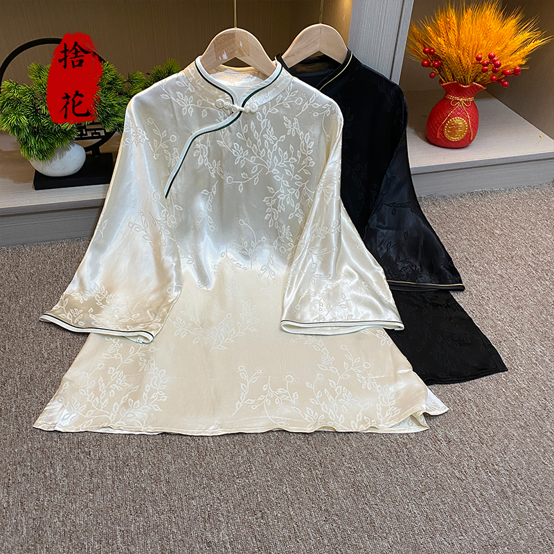 【菲千】气质长袖网红新中式中国风提花口女士上衣圆领宽松68027