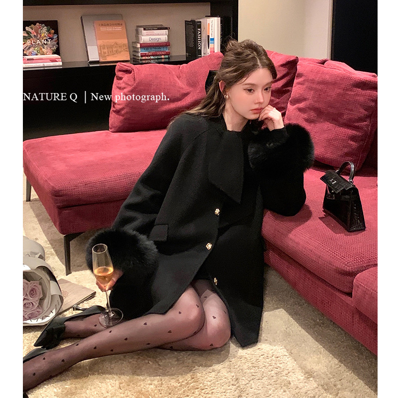 【24171】可拆卸毛毛袖围巾中长款毛呢外套女