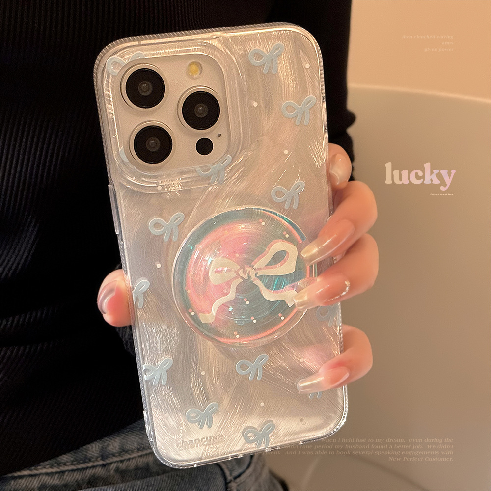 高级蓝蝴蝶结手机壳适用15promax镭射支架iphone13防摔12硬14小众