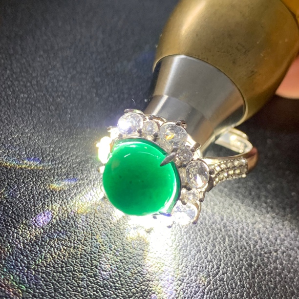 天然翡翠Ａ货 墨翠S925银镶嵌10mm珠子镶嵌女戒