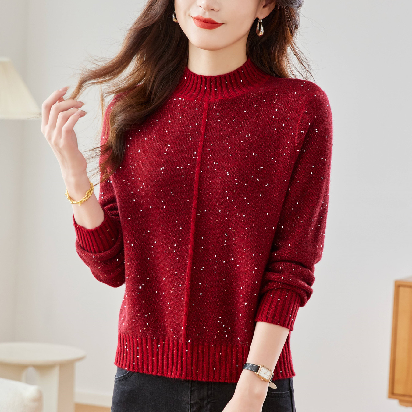 半高领彩片针织衫秋冬新款加厚毛衣中领内搭洋气亮片打底羊毛衫女
