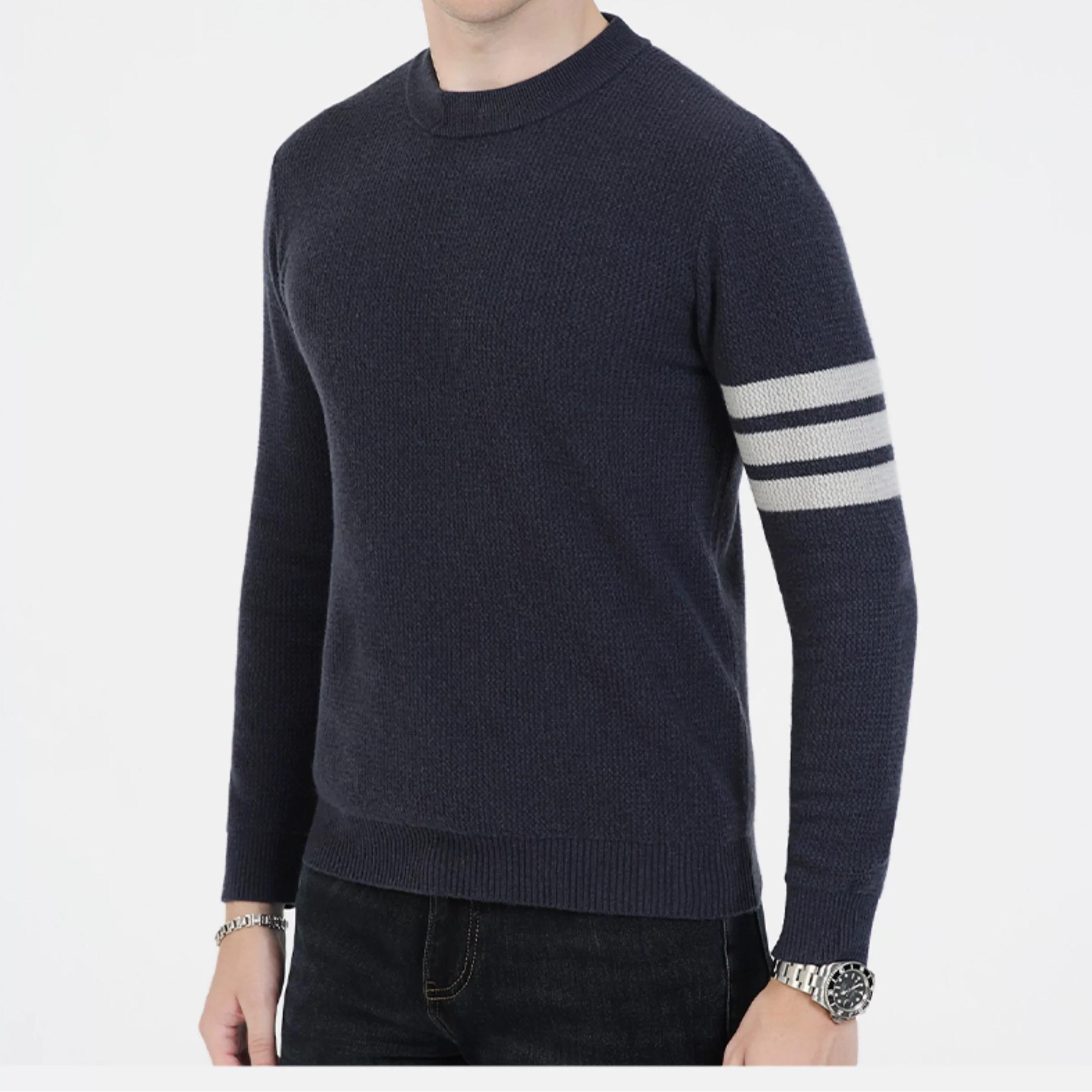 羊绒+羊毛意大利新款休闲圆领套头长袖毛衣男藏青色保暖针织衫