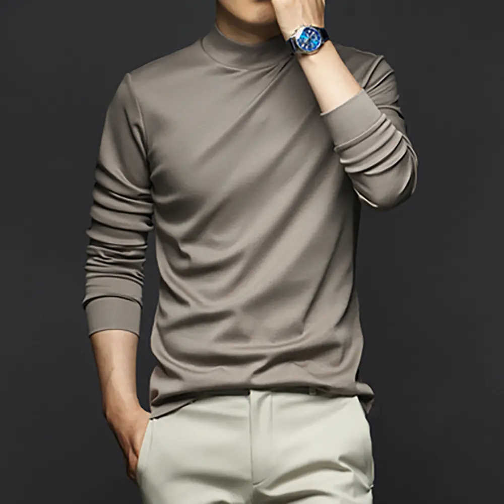 【可机洗不起球】新款男士秋冬修身半高领长袖T恤丝光棉打底衫卫衣