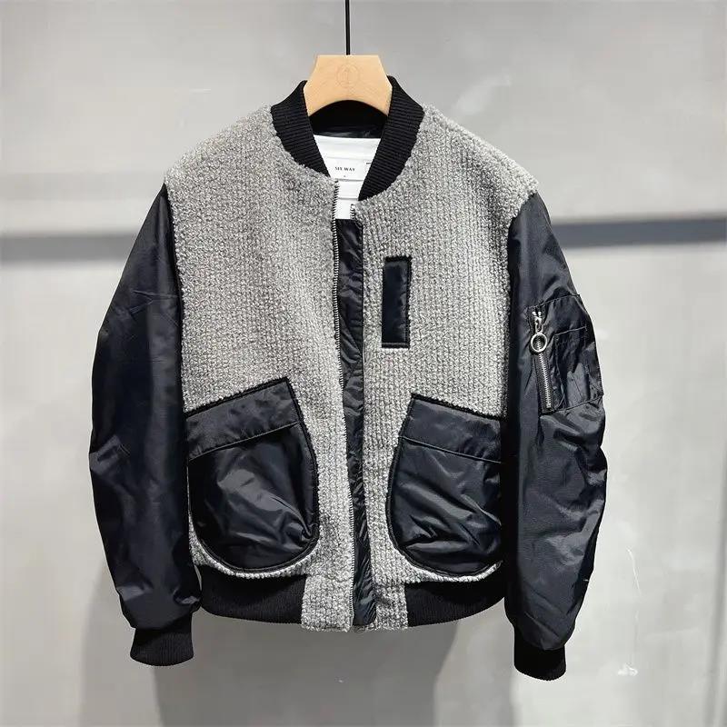 冬季新款加厚羊羔绒拼接棒球服夹克男士韩版潮流宽松飞行员外套男